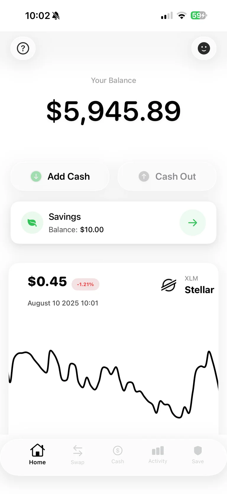 Finance app interface showing account balance and transaction history